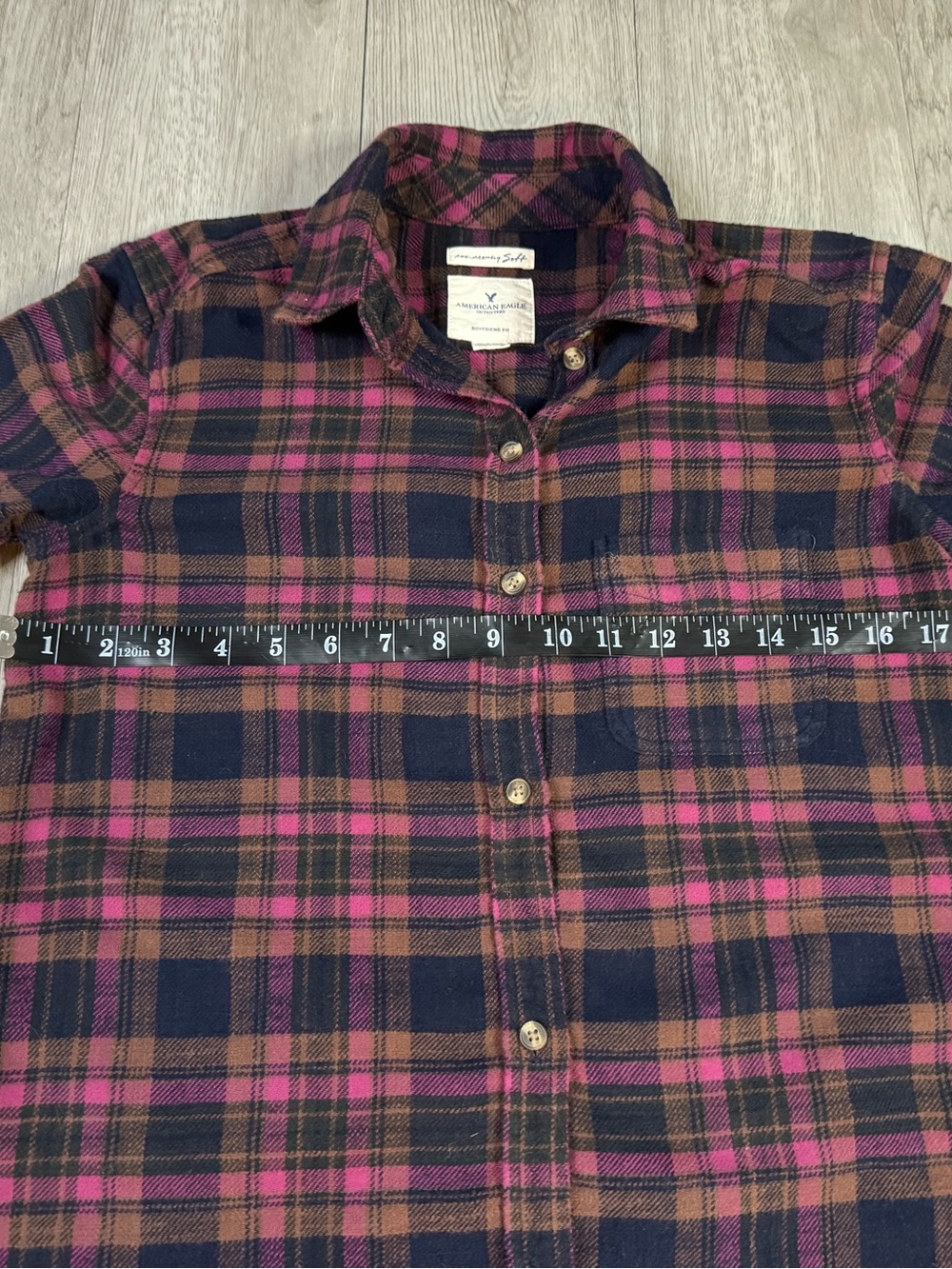 American Eagle AhhMazingly soft Boyfriend Fit Plaid Flannel Shirt Purple XS - Picture 4 of 5